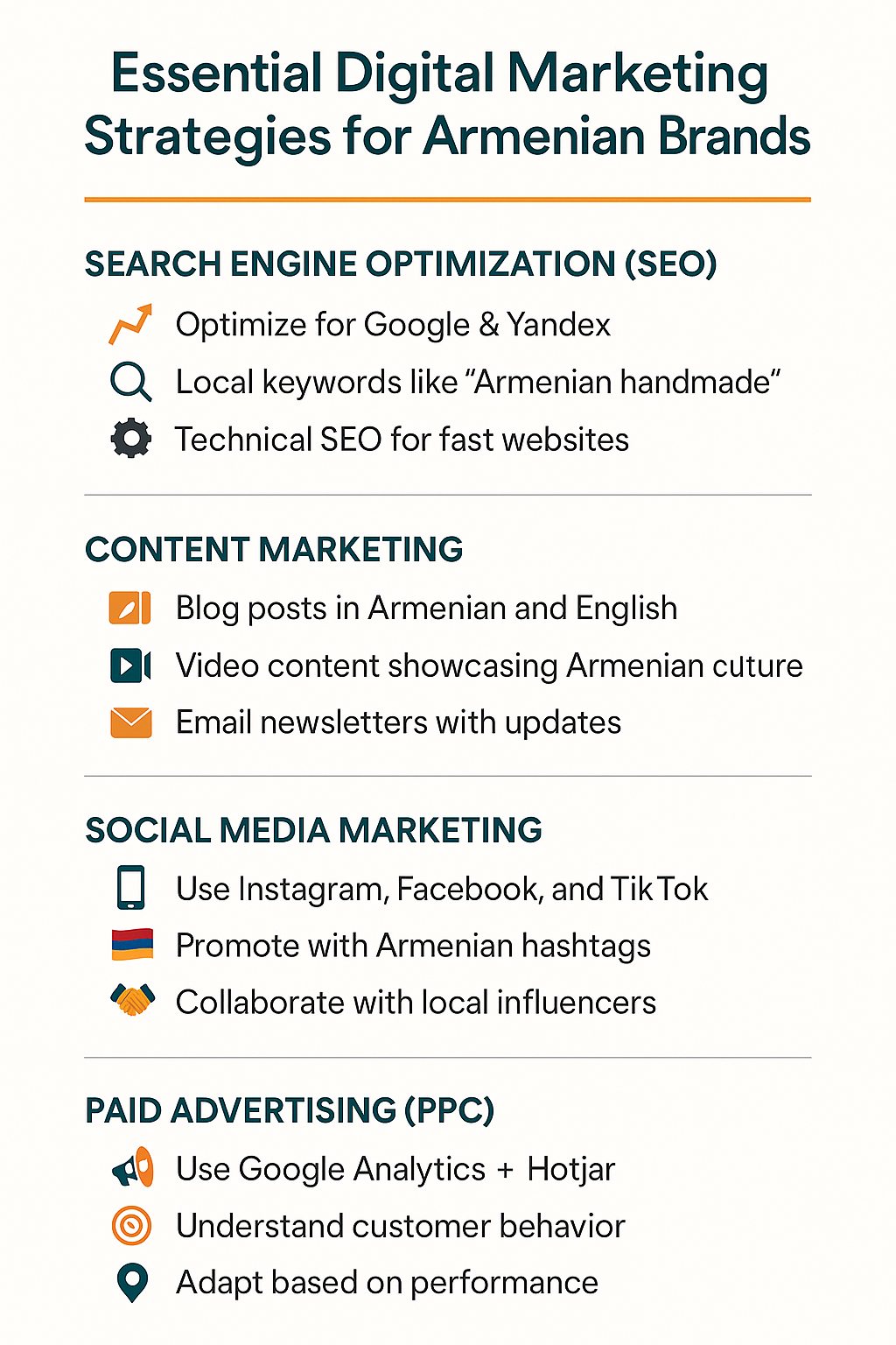 Unlocking Success: How Armenia’s Booming Digital Marketing Scene Can Propel Your Business 3 Infographic showing key digital marketing strategies for Armenian companies